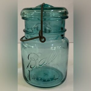 Old One Pint Blue Green Glass Ball Ideal Antique Fruit Canning Jar July 14 1908